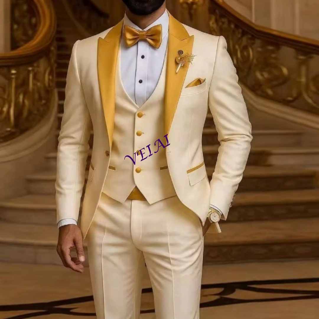 Men'S Grooming Jacket - CustomizedGold Collar Ivory Men Suit Wedding