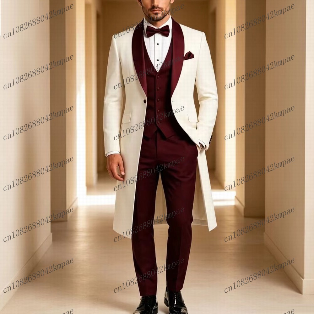 White And Burgundy Long Blazer - Men'S Grooming Jacket review and price